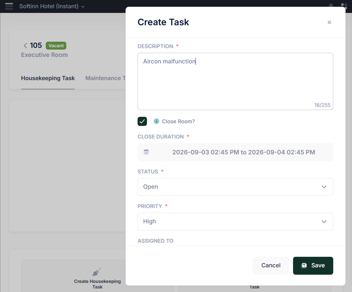 Creating a hotel maintenance work order with the close-room option and duration set, blocking the room from sale